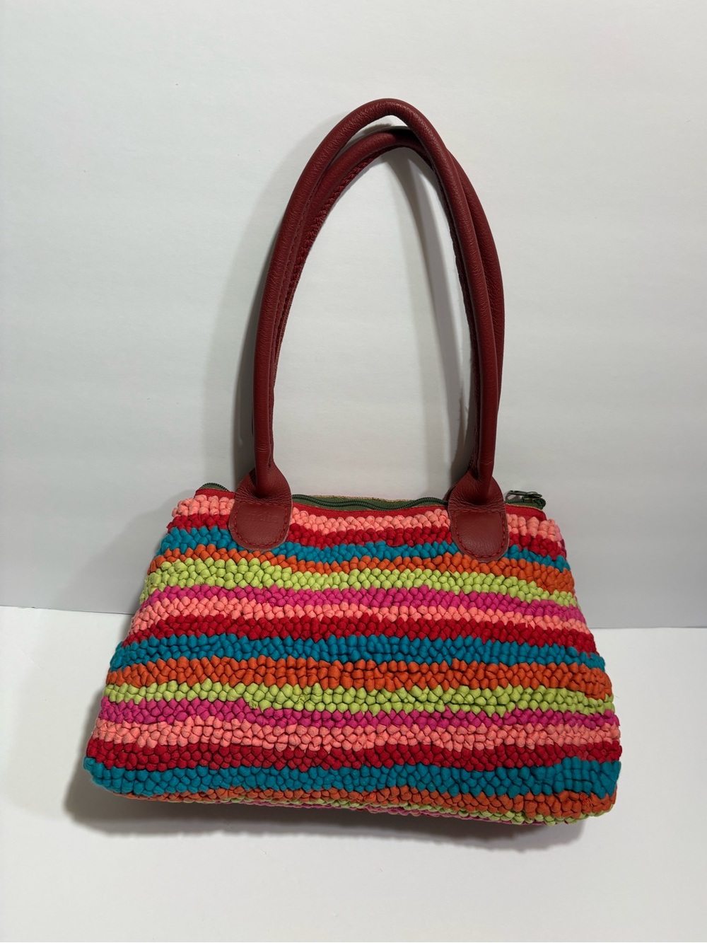 Mielie South Africa Hand Hooked Woven Knit Striped Shoulder Bag Red Pink Green